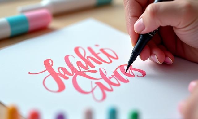 Mano che crea lettering con pennello su carta acquerello, con una tavolozza di colori pastello.
