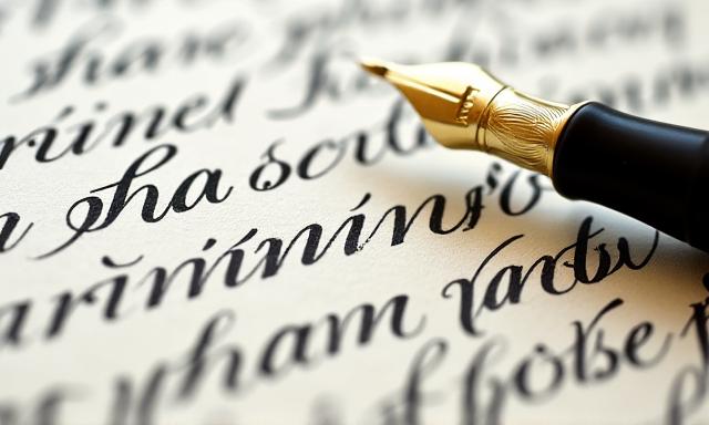 Dettaglio di testo in corsivo inglese ornato scritto con finezza su carta, con strumenti d'epoca sullo sfondo.