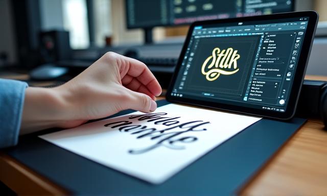 Una mano che scansiona un'opera calligrafica con uno scanner, e un tablet con software di grafica accanto.