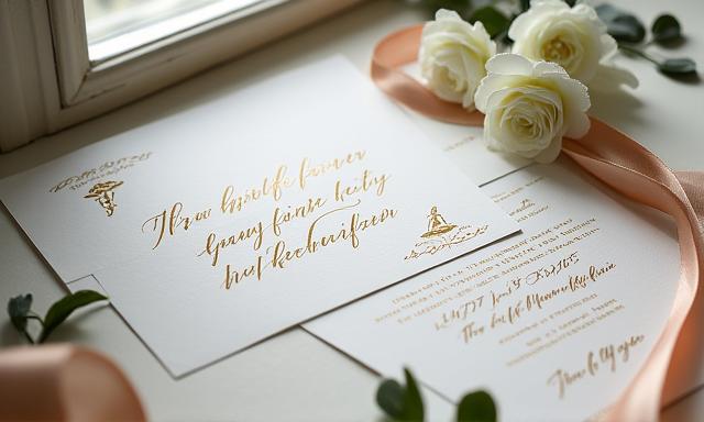 Inviti nuziali calligrafici e segnaposto ben progettati su un tavolo elegante, con accenti floreali.