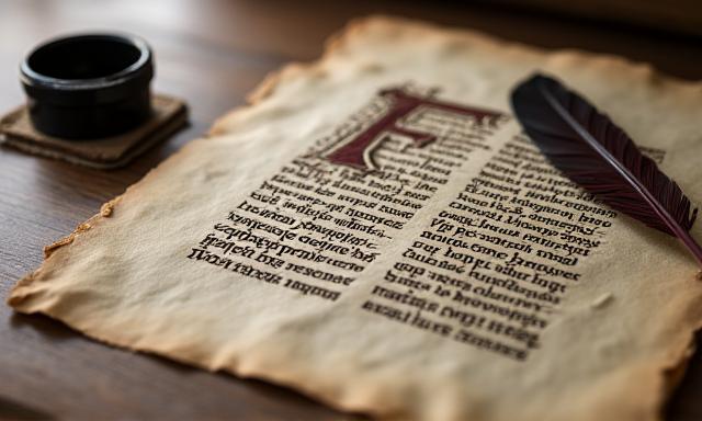 Testo elaborato in stile gotico medievale, con penna d'oca e pergamena sullo sfondo.