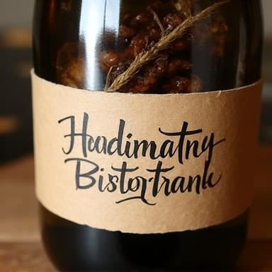 Etichetta di prodotto artigianale con nome calligrafico e dettagli del prodotto.