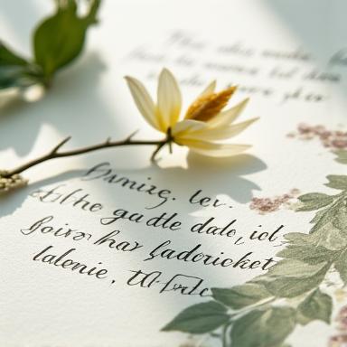 Accostamento di calligrafia ed illustrazione botanica su carta acquerello.