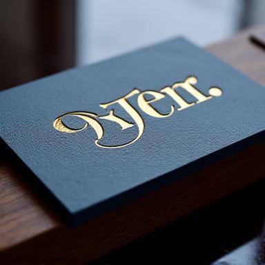 Logo aziendale calligrafico su un biglietto da visita di lusso, su sfondo in legno scuro.